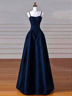Simple A-Line Dark Blue Satin Long Classy Prom Dress, Dark Blue Long Classy Dress