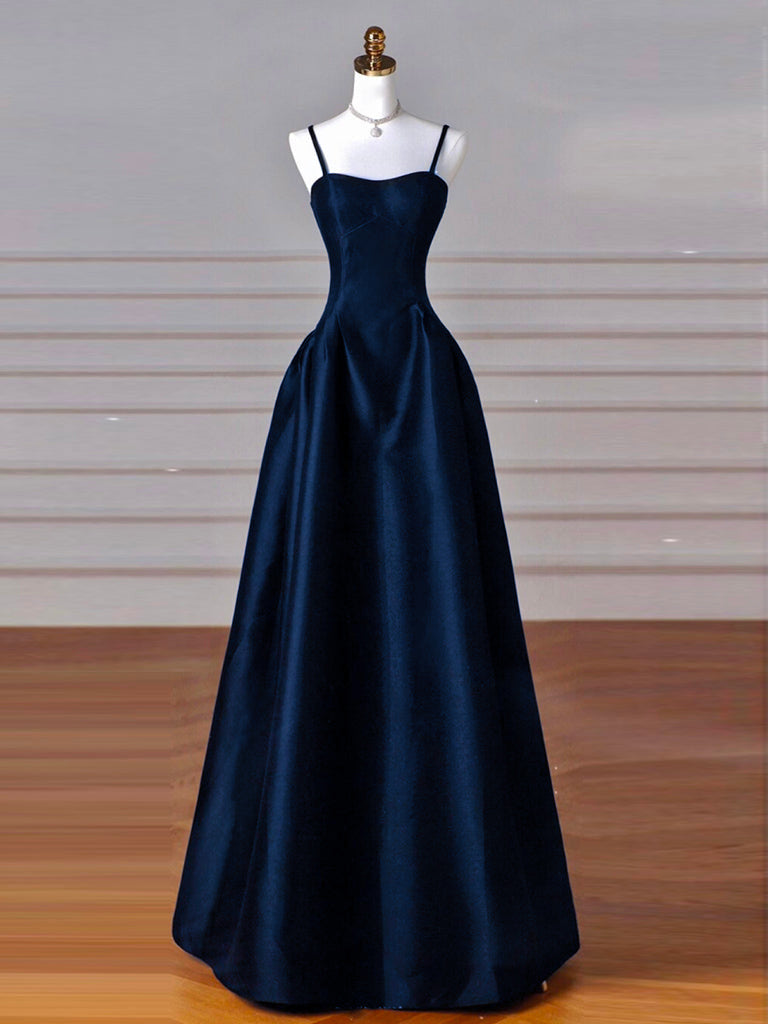 Simple A-Line Dark Blue Satin Long Classy Prom Dress, Dark Blue Long Classy Dress