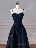 Simple A-Line Dark Blue Satin Long Evening Prom Dress, Dark Blue Long Evening Dress