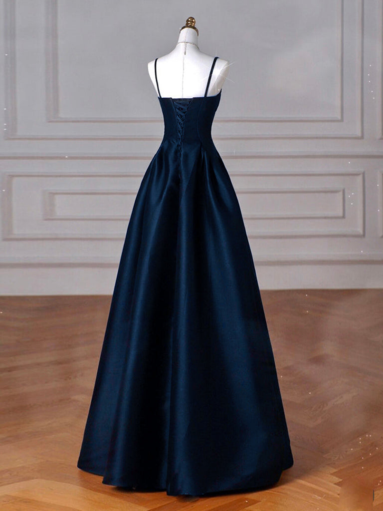 Simple A-Line Dark Blue Satin Long Classy Prom Dress, Dark Blue Long Classy Dress Secondary image