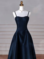 Simple A-Line Dark Blue Satin Long Classy Prom Dress, Dark Blue Long Classy Dress