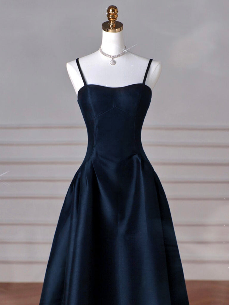 Simple A-Line Dark Blue Satin Long Classy Prom Dress, Dark Blue Long Classy Dress