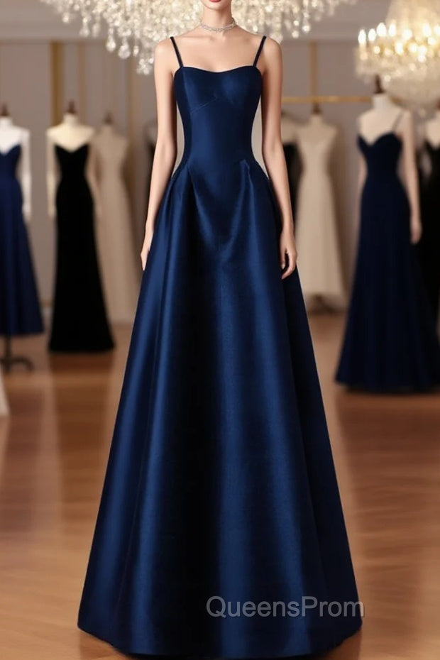 Simple A-Line Dark Blue Satin Long Evening Prom Dress, Dark Blue Long Evening Dress