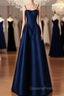 Simple A-Line Dark Blue Satin Long Evening Prom Dress, Dark Blue Long Evening Dress