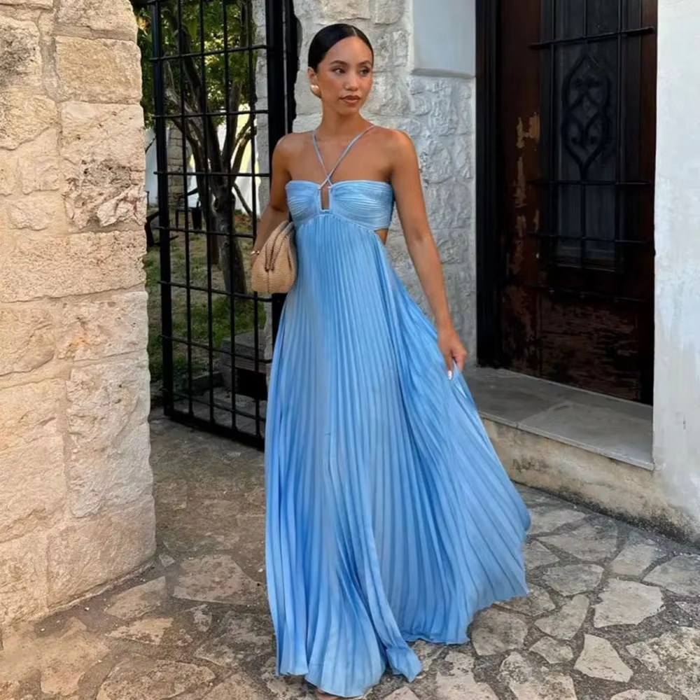 Simple A Line Halter Blue Sleeveless Long Classy Prom Dress Classy Evening Dress