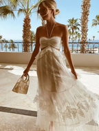 Simple A Line Halter Tulle Champagne Long Classy Prom Dress