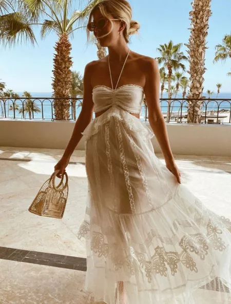 Simple A Line Halter Tulle Champagne Long Classy Prom Dress