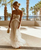 Simple A Line Halter Tulle Champagne Long Classy Prom Dress