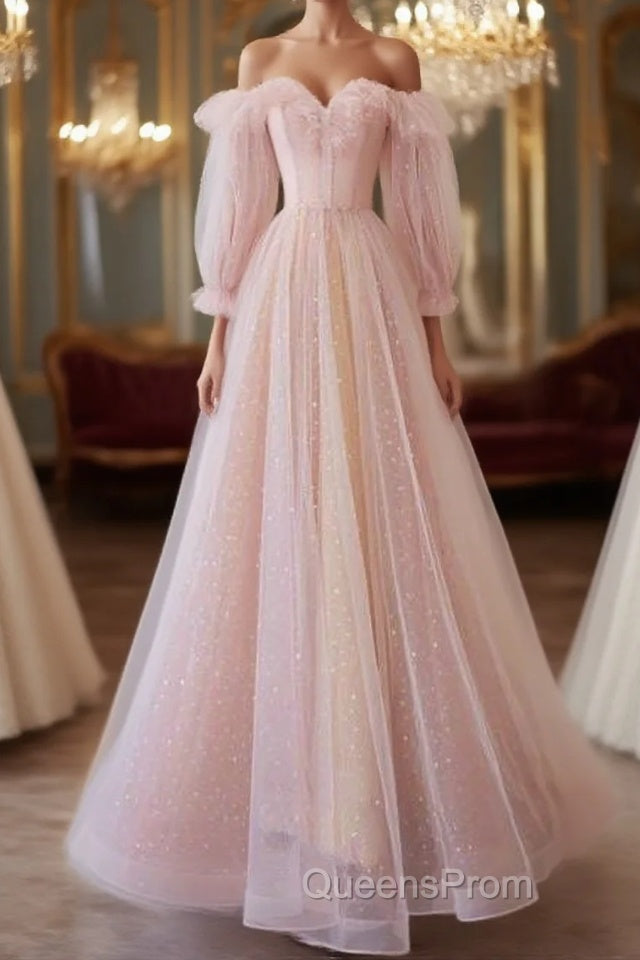 Simple A Line Long Sleeves Pink Tulle Long Evening Prom Dress Main image