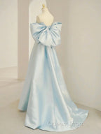 Simple A Line Off The Shoulder Blue Satin Long Evening Prom Dress