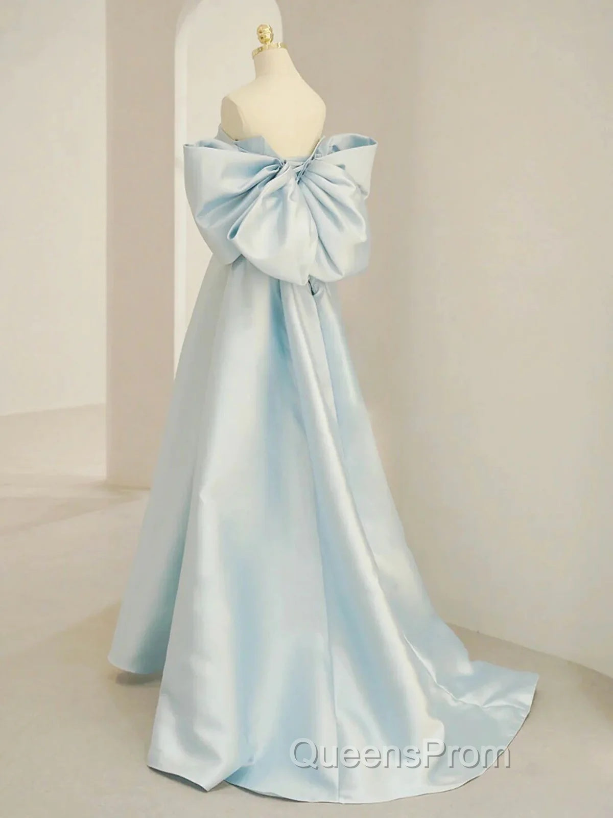 Simple A Line Off The Shoulder Blue Satin Long Evening Prom Dress