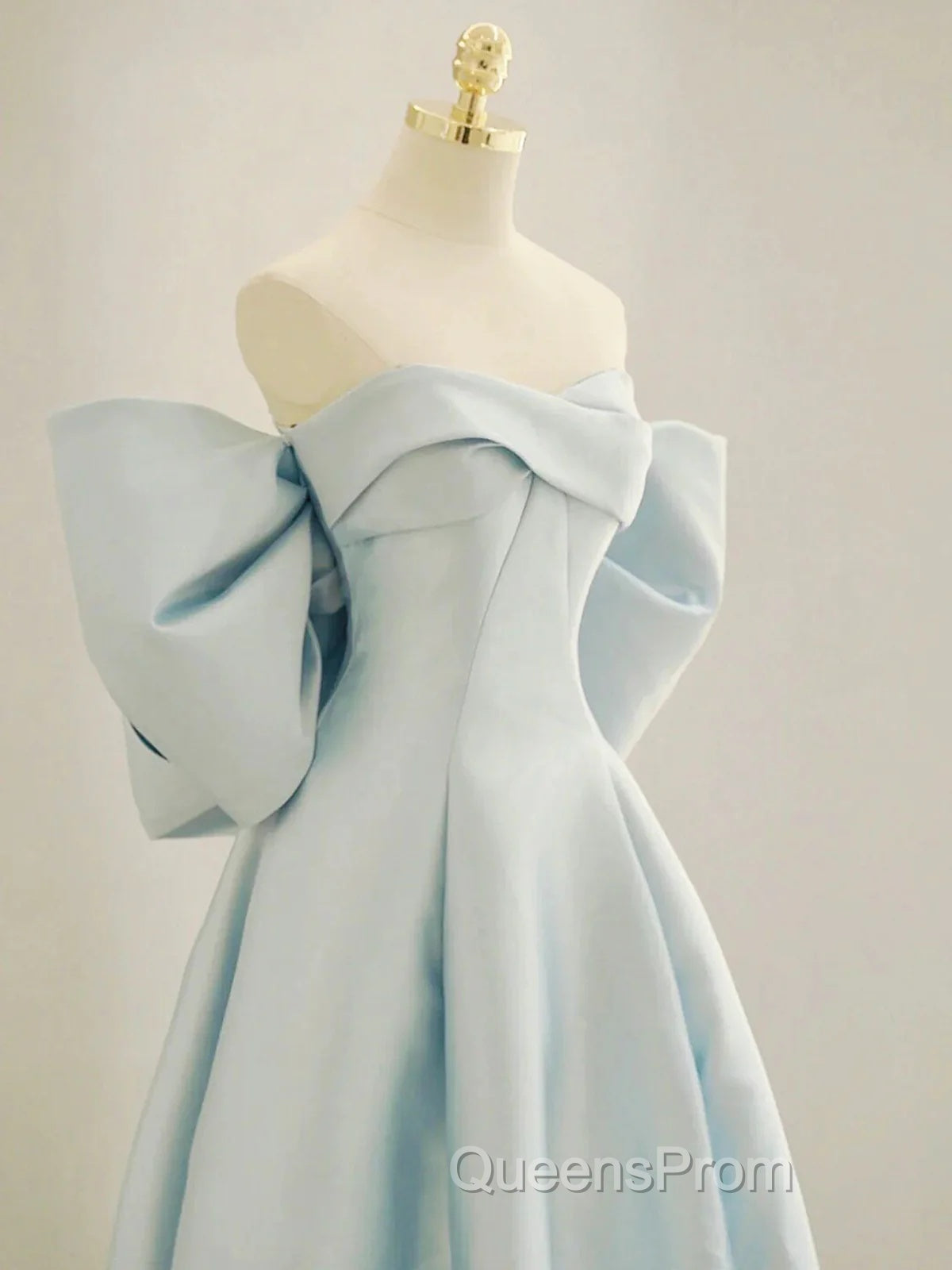 Simple A Line Off The Shoulder Blue Satin Long Evening Prom Dress