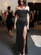 Simple A-Line Off The Shoulder Blue Satin Long Classy Prom Dress Classy Evening Dress