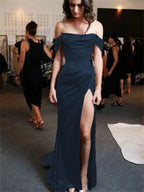 Simple A-Line Off The Shoulder Blue Satin Long Classy Prom Dress Classy Evening Dress