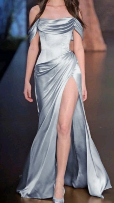 Simple A-Line Off The Shoulder Blue Satin Long Classy Prom Dress Classy Evening Dress