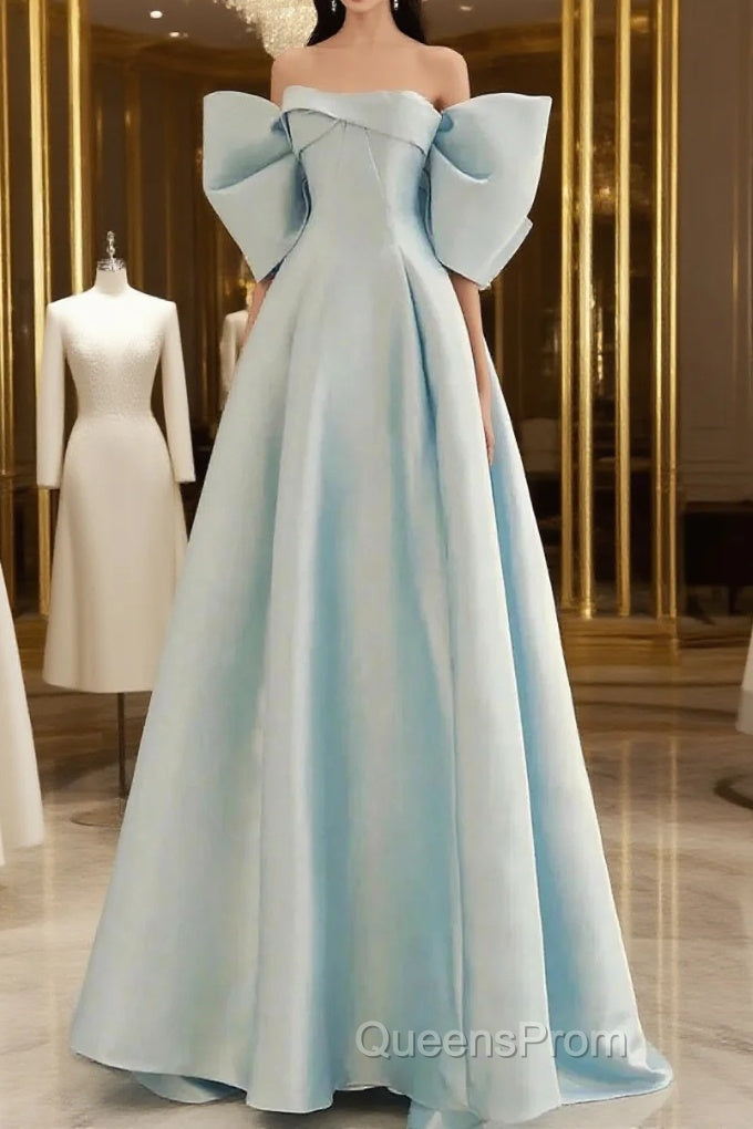 Simple A Line Off The Shoulder Blue Satin Long Evening Prom Dress Main image