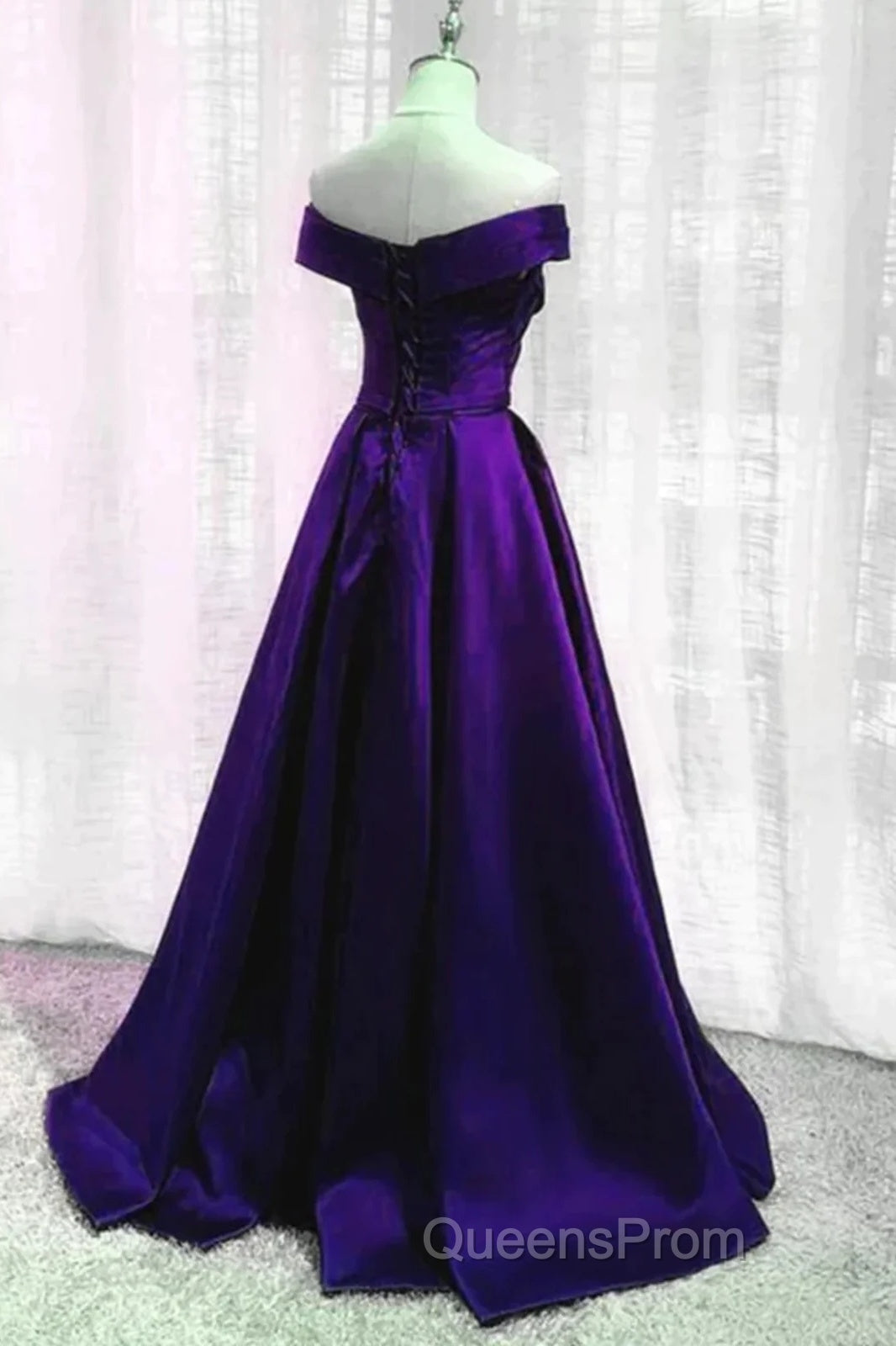 Simple A Line Off The Shoulder Purple Satin Long Evening Prom Dress Secondary image