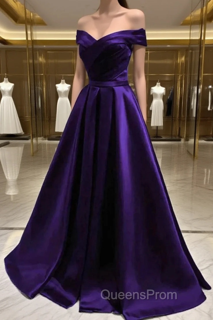 Simple A Line Off The Shoulder Purple Satin Long Evening Prom Dress Main image