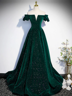 Simple A line Off the Shoulder Shiny Green Black Long Prom Dresses
