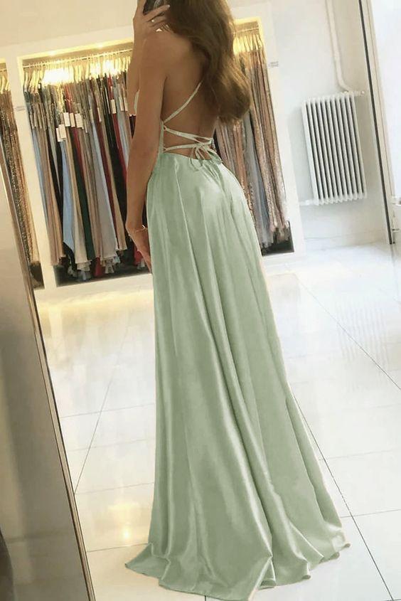 Simple A Line Sage Green Long Classy Prom Dress With Slit Classy Evening Party Dress