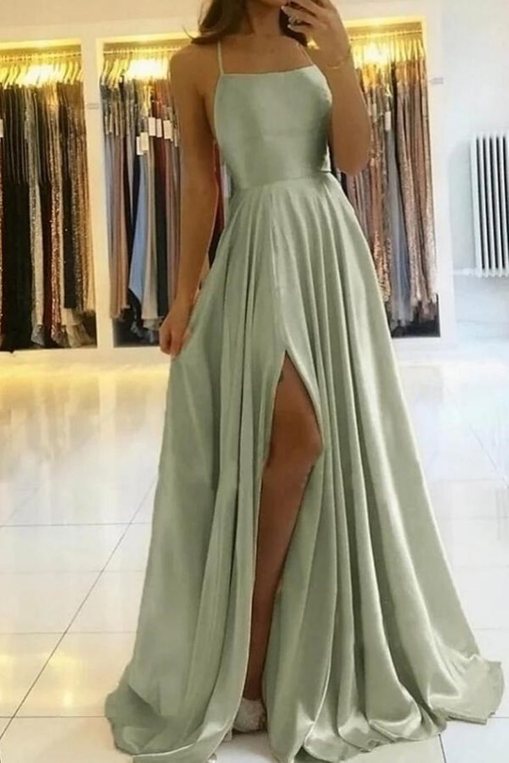 Simple A Line Sage Green Long Classy Prom Dress With Slit Classy Evening Party Dress Main image