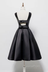 Simple A-Line Satin Black Short Evening Prom Dress, Black Homecoming Dress