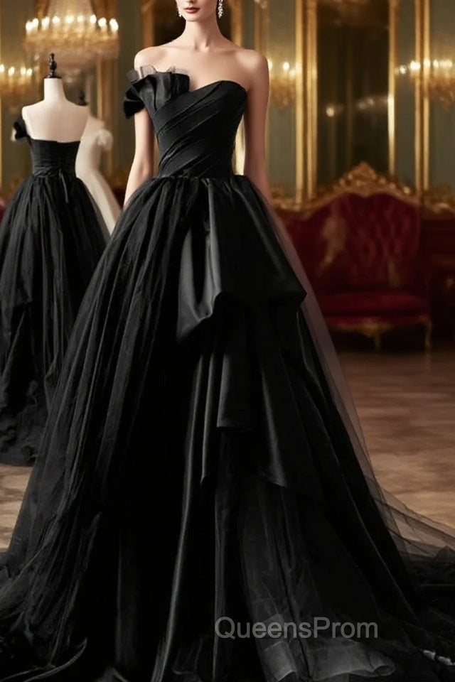 Simple A-Line Satin Strapless Black Long Evening Prom Dress Main image