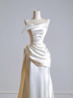Simple A-Line Satin Sweep Train Light Champagne Classy Prom Dress