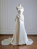 Simple A-Line Satin Sweep Train Light Champagne Classy Prom Dress