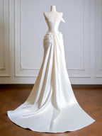 Simple A-Line Satin Sweep Train Light Champagne Classy Prom Dress