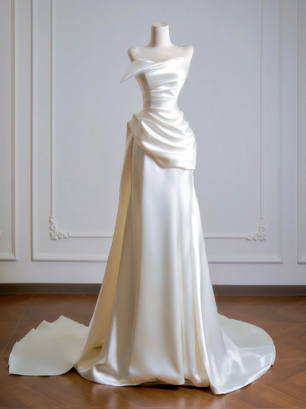 Simple A-Line Satin Sweep Train Light Champagne Classy Prom Dress Main image