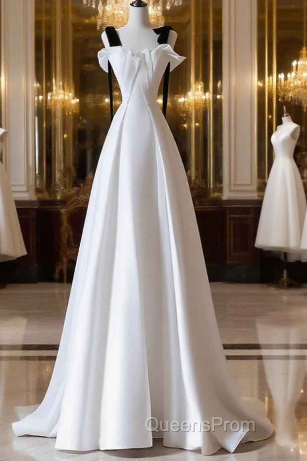 Simple A-Line Satin White Long Evening Prom Dress, White Long Formal Dress Main image