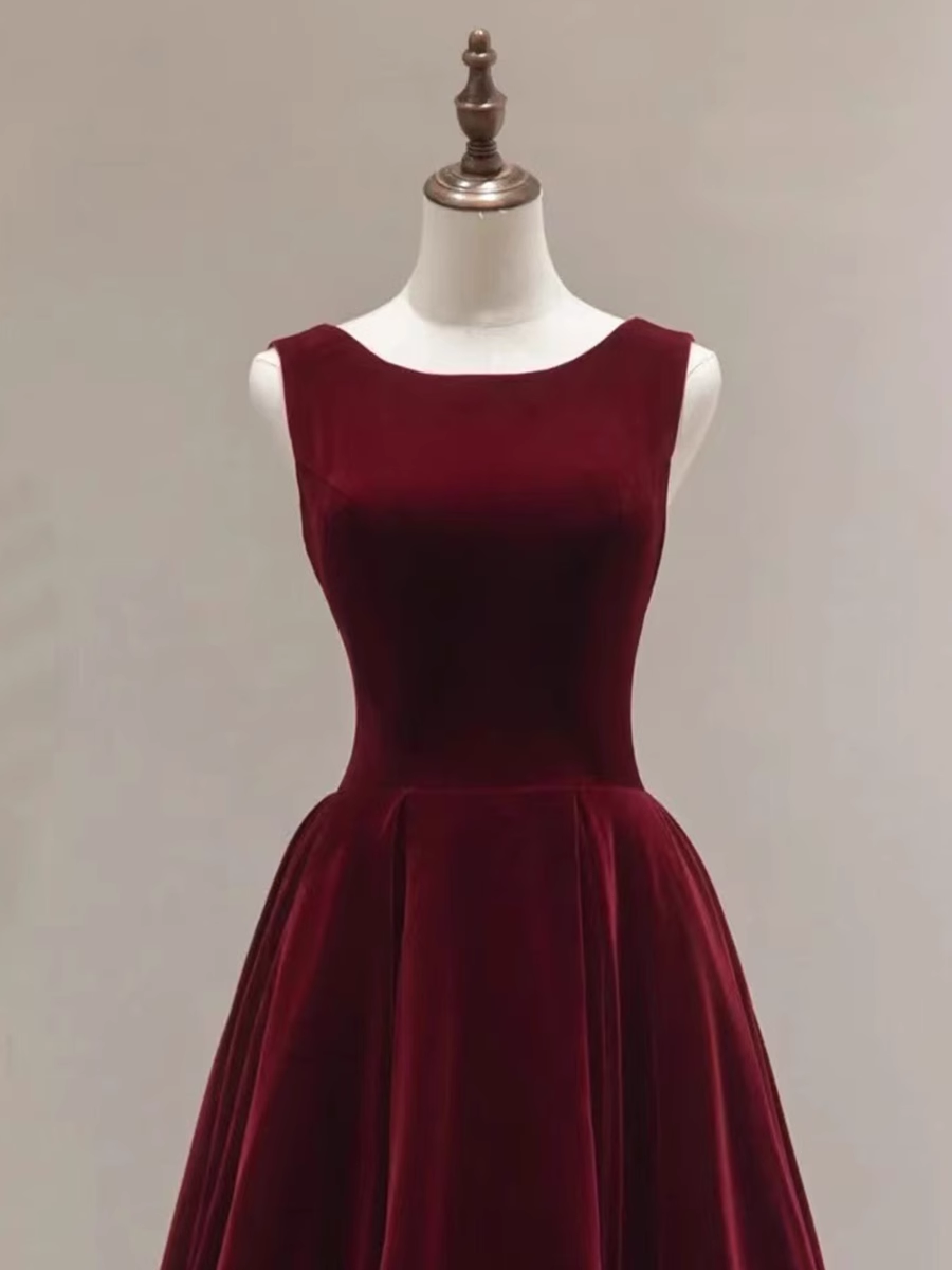 Simple A line Scoop Velvet Burgundy Velvet Long Prom Dresses Secondary image