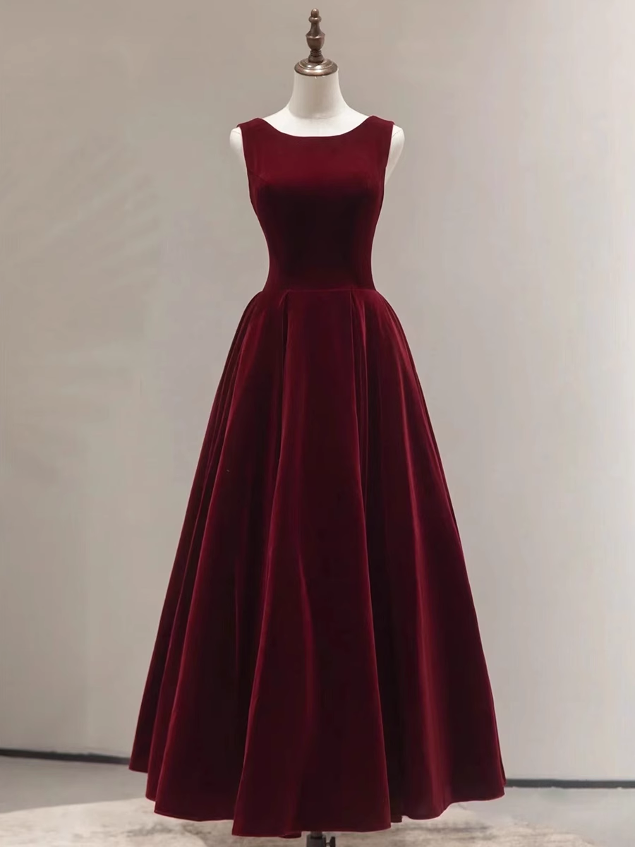 Simple A line Scoop Velvet Burgundy Velvet Long Prom Dresses Main image