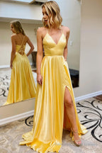 Simple A Line Spaghetti Straps Green Long Prom Dress with Slit