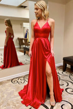 Simple A Line Spaghetti Straps Green Long Prom Dress with Slit