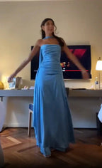 Simple A Line Spaghetti Straps Blue Satin Classy Prom Dress Birthday Outfits