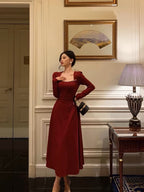 Simple A Line Square Neckline Long Sleeves Red Classy Prom Dress Birthday Dress