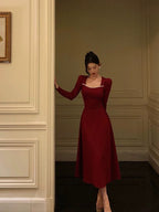 Simple A Line Square Neckline Long Sleeves Red Classy Prom Dress Birthday Dress