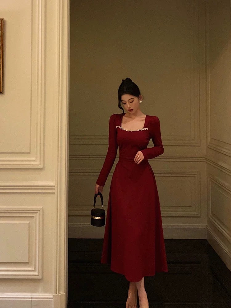 Simple A Line Square Neckline Long Sleeves Red Classy Prom Dress Birthday Dress