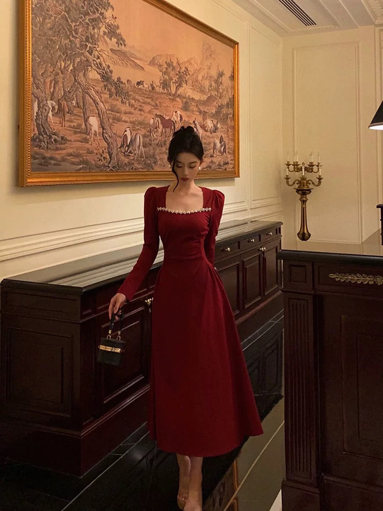Simple A Line Square Neckline Long Sleeves Red Classy Prom Dress Birthday Dress Main image