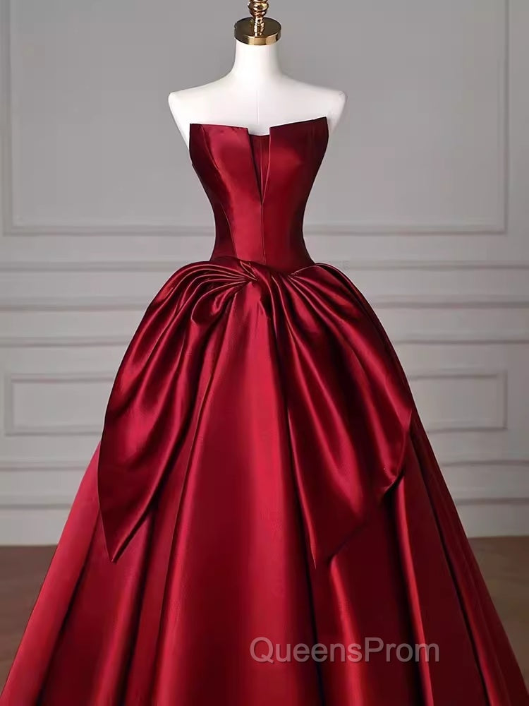 Simple A Line Strapless Burgundy Floor Length Evening Prom Dress