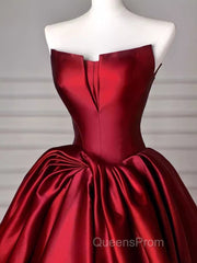 Simple A Line Strapless Burgundy Floor Length Evening Prom Dress