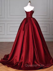 Simple A Line Strapless Burgundy Floor Length Evening Prom Dress