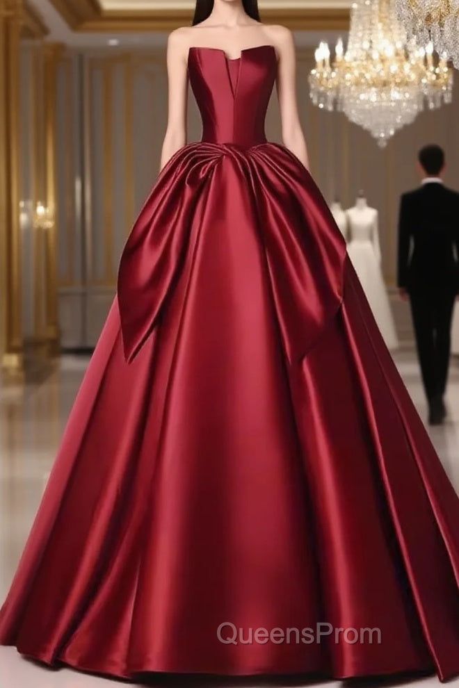 Simple A Line Strapless Burgundy Floor Length Evening Prom Dress Main image