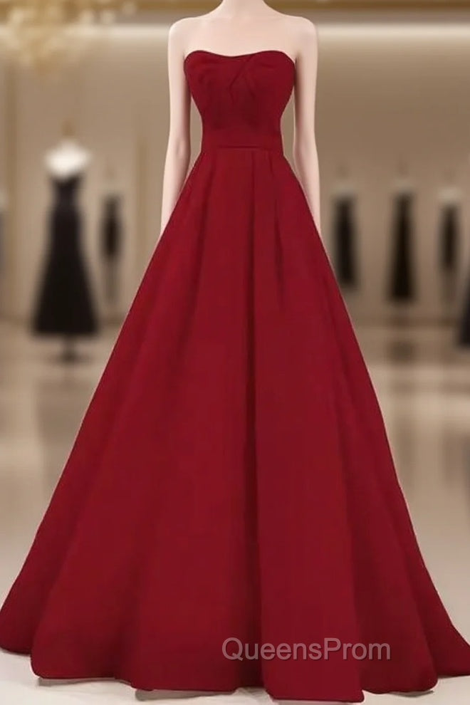 Simple A Line Strapless Long Red Evening Prom Dress Evening Dress Main image