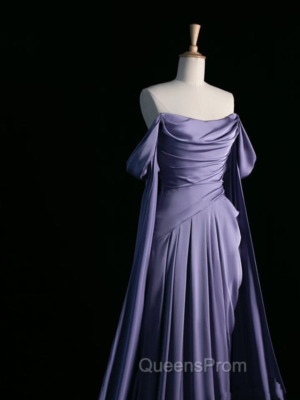Simple A Line Strapless Sleeveless Satin Lilac Evening Prom Dress Long Evening Prom Dress