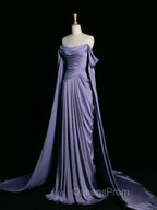 Simple A Line Strapless Sleeveless Satin Lilac Evening Prom Dress Long Evening Prom Dress