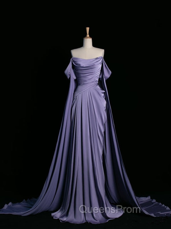 Simple A Line Strapless Sleeveless Satin Lilac Evening Prom Dress Long Evening Prom Dress