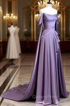 Simple A Line Strapless Sleeveless Satin Lilac Evening Prom Dress Long Evening Prom Dress